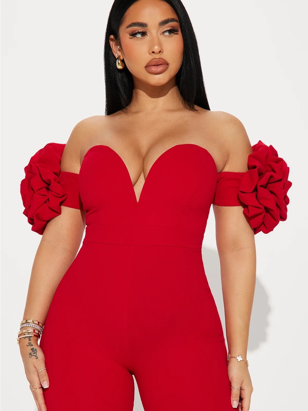 Fashion Nova Red Off-Shoulder Puff Sleeve Jumpsuit - Picture 2 of 4